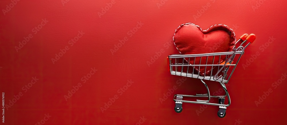 Aufkleber Valentine s Day themed photo with a small shopping cart in the shape of a heart on a red background ideal for sales and offers advertising with copy space image