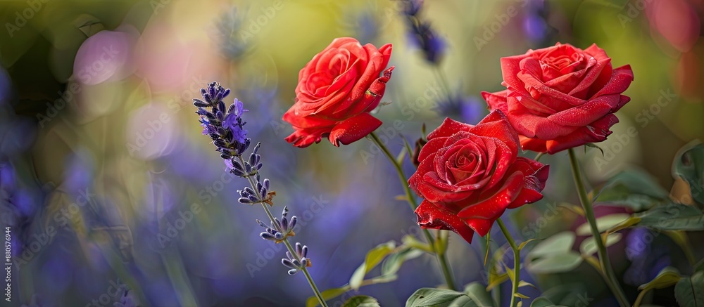Poster Selective focus on garden red roses and lavender in natural light creating a picturesque copy space image