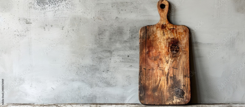 Aufkleber A weathered cutting board displayed against a neutral concrete backdrop with space available for text or images. copy space available