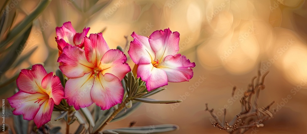 Poster these three flowers are known as desert rose impala lily and mock azalea can be seen in a nature set