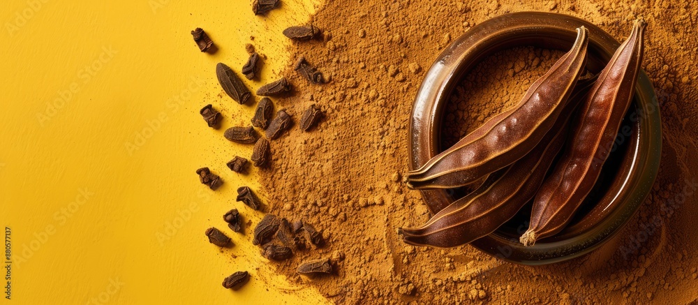 Poster top view of carob bean and powder on a yellow or brown background with copy space image