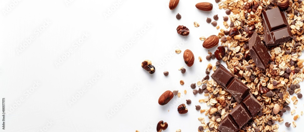 Aufkleber Granola cereal with chocolate and nuts presented on a white background with copy space image