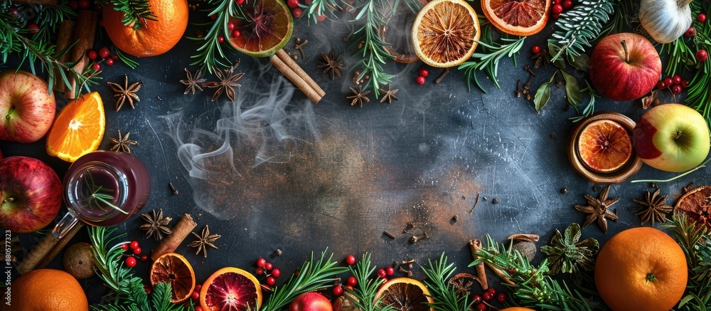 Poster Top view flat lay with a copy space image features a festive and cozy Christmas and New Year concept showcasing a steaming mulled wine surrounded by oranges apples spices and rosemary