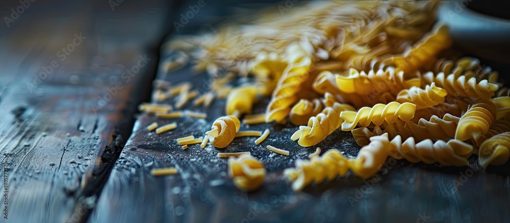 Poster a dark table showcasing dried pasta with a copy space image available