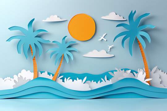 Tropical island paper art style with blue ocean and palm trees. Generative AI image
