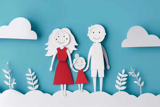 Paper cutout family illustration against a blue background. Generative AI image