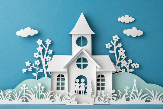 Handcrafted paper church and landscape on a blue background. Generative AI image