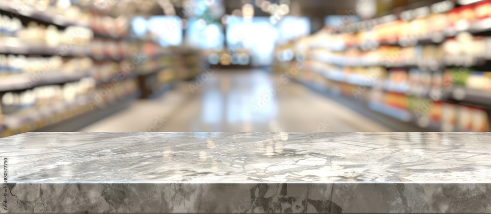 Poster Marble top table displayed in a supermarket setting with blur background ideal for adding text or images to the copy space image
