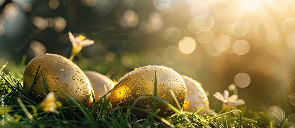 Poster spring holiday background with golden eggs on fresh grass under the sun s rays ideal for easter wall