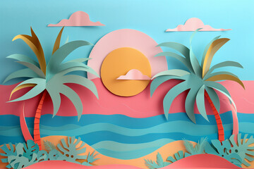 Colorful paper craft ocean scene with palm trees. Generative AI image