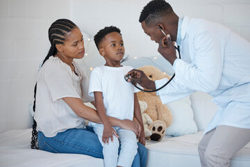 Black people, mom and son with doctor for checkup, healthcare and support at home. Parent, kid and...