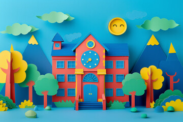 Colorful paper cut model of a cartoon school with landscape. Generative AI image