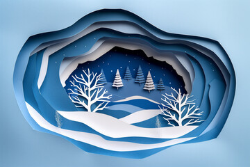 Layered paper art depicting a serene winter landscape. Generative AI image