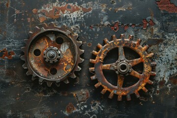 Two rusty gears are resting on a grunge metal background, hinting at a history of industry and innovation
