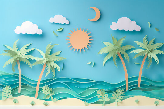 Tropical beach scene crafted in paper art style. Generative AI image