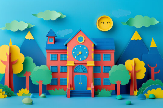 Colorful paper cut model of a cartoon school with landscape. Generative AI image