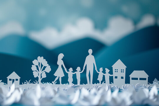 Paper art of family walking together with houses and mountains. Generative AI image