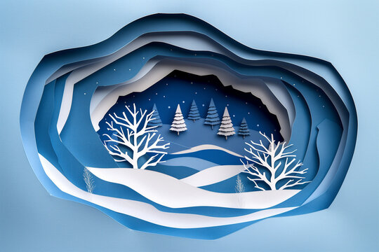 Layered paper art depicting a serene winter landscape. Generative AI image