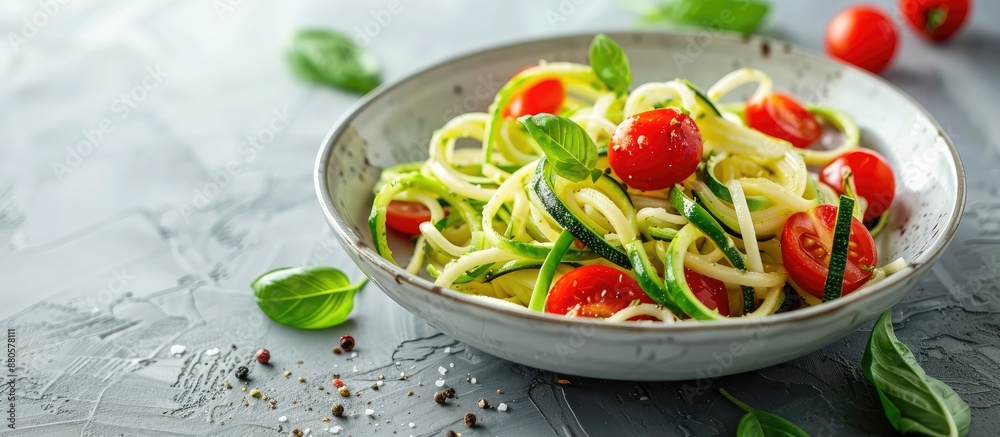 Poster closeup of tasty zucchini pasta with cherry tomatoes and basil on a light grey table with copy space