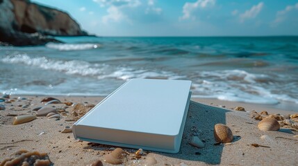 Fototapeta premium Closed book is lying on a sandy beach with seashells around it, waves are splashing in the background. The concept illustrates inspiration, creativity, and relaxation