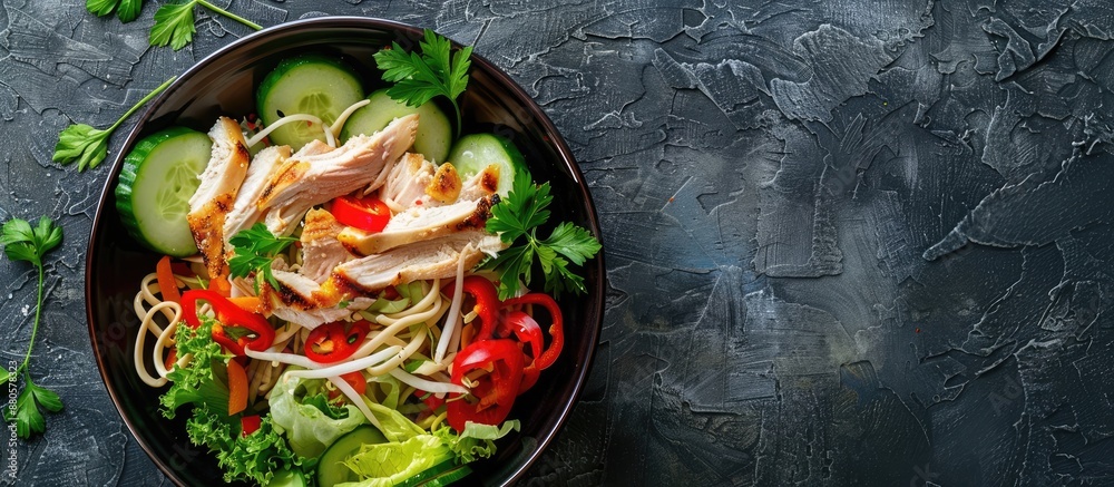 Poster A salad with Chinese noodles chicken peppers and cucumber displayed on a textured stone background with empty space for more elements in the image. copy space available