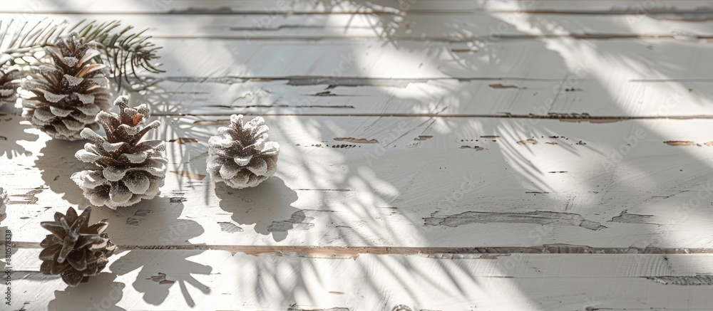 Poster Rustic white wooden table adorned with snowy pine cones and a sunlit shadow creating a Christmas themed copy space image