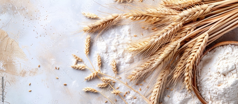 Poster A light background displaying wheat flour and wheat spikelets with a copy space image
