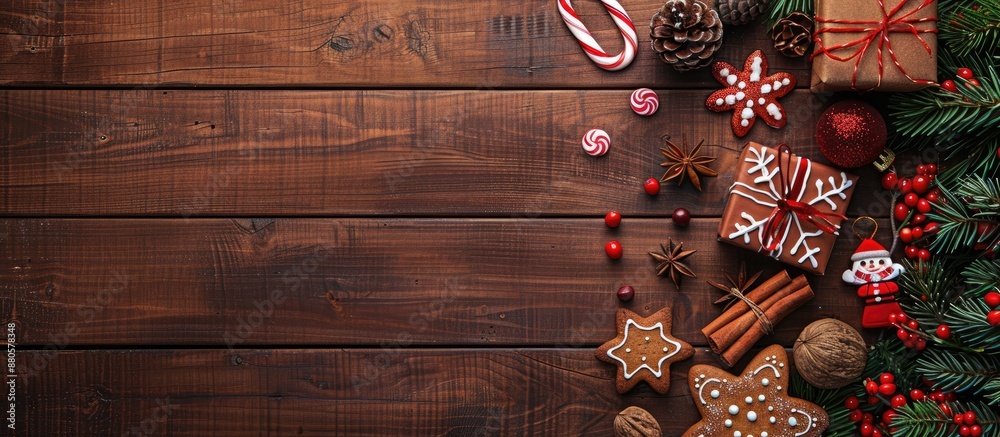 Poster free space for text is available on a christmas themed background featuring a tree toys gingerbread 
