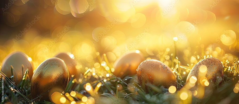 Poster spring holiday background with golden eggs on fresh grass under the sun s rays ideal for easter wall