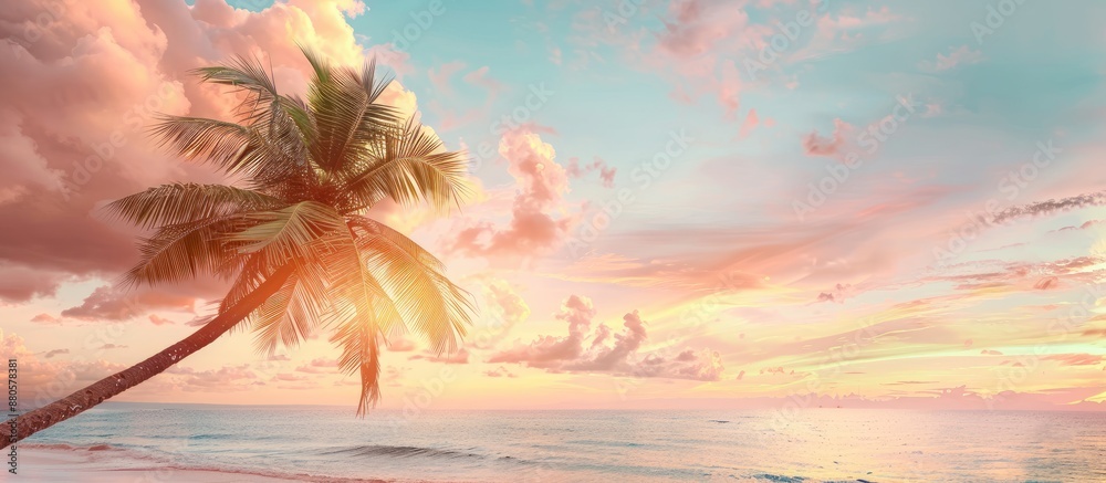 Aufkleber A tranquil summer day at the beach under a palm tree with a pastel hued sky clouds and a blurred background offering copy space image