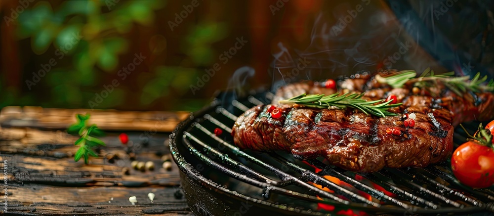 Aufkleber A succulent beef steak sizzling on a BBQ grill with a rustic background and ample copy space image making it an appetizing and wholesome meal option