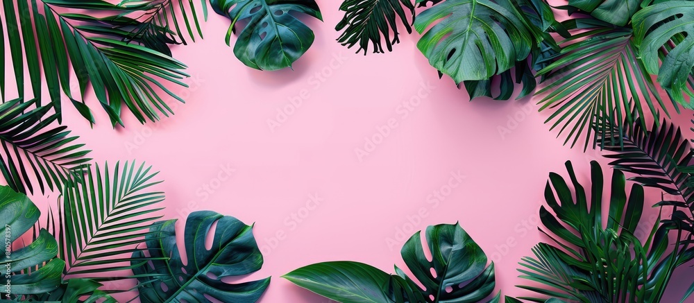 Poster top view of a banner on a pink background with a tropical green palm monstera leaf and branches patt
