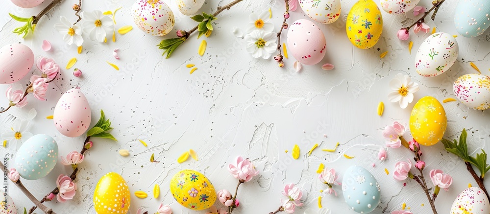 Aufkleber An Easter themed flat lay frame background featuring colorful eggs and spring flowers ideal for a spring holiday greeting card with a copy space image