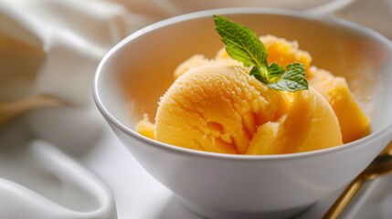 Scoops of refreshing mango sorbet are garnished with mint leaves in a white bowl, creating a vibrant and tempting dessert