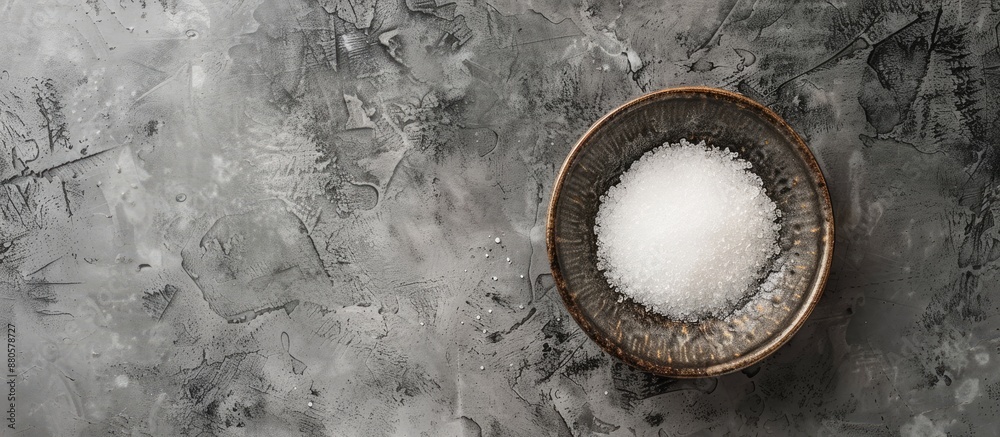 Poster Top view of a bowl with granulated sugar on a textured grey table providing ample space for text in the image