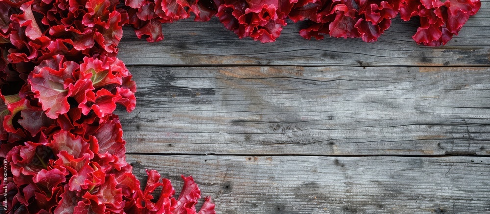 Poster top down view of vibrant red coral lettuce on a wooden surface with room for text in the background 