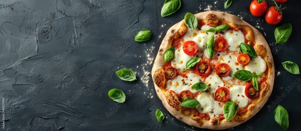 Aufkleber italian margherita pizza with mozzarella tomato and basil on a black backdrop from above with a desi