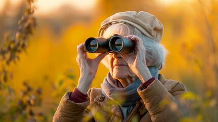 Fototapeta premium Senior woman bird watching with binoculars in nature blurred background