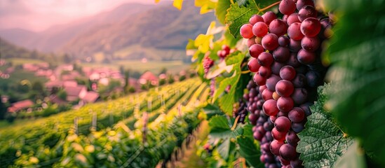 Vibrant vineyards with grape plantations in the village featuring a focused background ideal for text in a copy space image