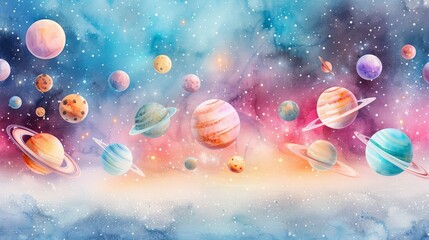 Naklejka premium Vibrant galaxy with colorful planets and stars. Beautiful cosmic scene depicting a fantastical view of outer space filled with celestial objects.