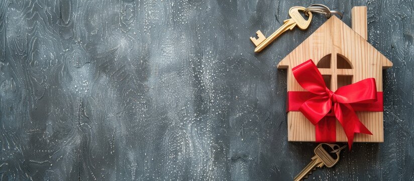 Wooden house model bow and key arranged on a grey table in a flat lay setup next to a copy space image perfect for a housewarming party