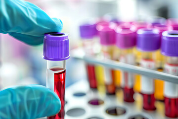close up of scientist hand holding test tube with blood sample making research in clinical laboratory