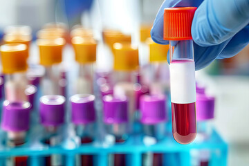 close up of Scientist hand holding a blood sample tube ready for clinical testing in a laboratory