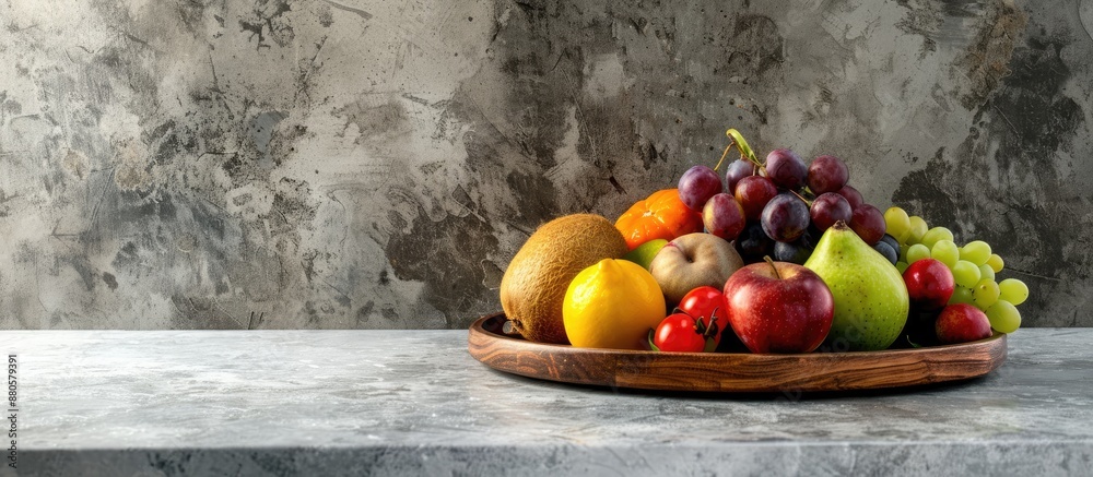 Poster close up view of a wooden tray with fruits on a kitchen table showcasing copy space image