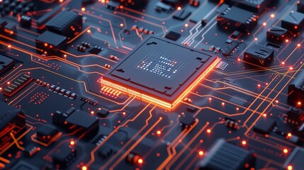 3d render of ai artificial intelligence technology featuring cpu central processor unit chipset on printed circuit board, highlighting advanced electronic and technology concepts with selective focus 