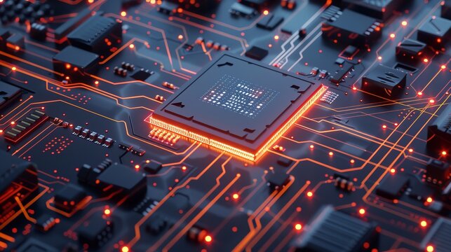 3d render of ai artificial intelligence technology featuring cpu central processor unit chipset on printed circuit board, highlighting advanced electronic and technology concepts with selective focus 