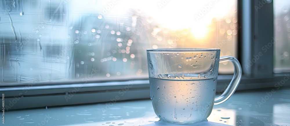 Aufkleber A see through cup is placed on white paper against a window backdrop with plenty of space for adding images. copy space available