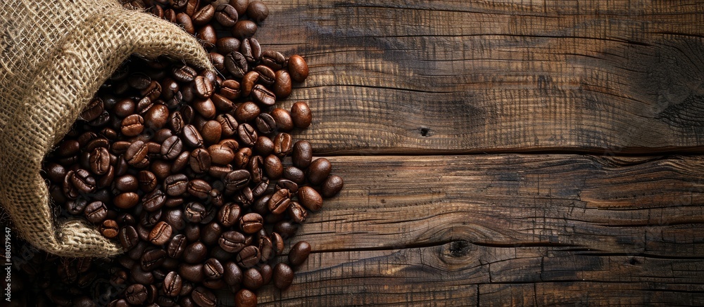 Poster Coffee beans displayed on a rustic wooden table with copy space image available