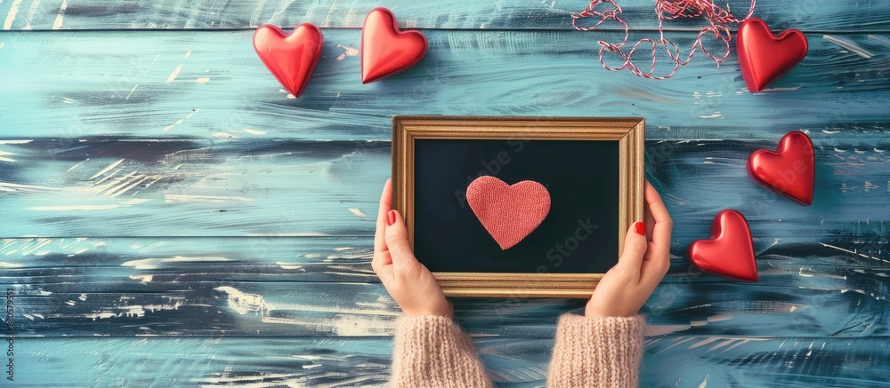 Poster heart shaped hand gift on a valentine s day themed background with a frame ideal for use as a copy s