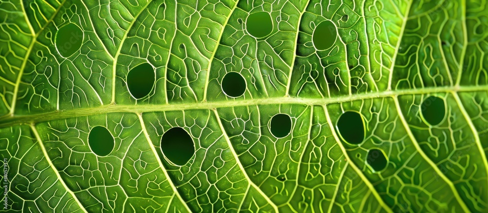 Aufkleber Close up of a fresh green leaf with hollow circles in an abstract natural pattern creating an ideal background for text or images. copy space available